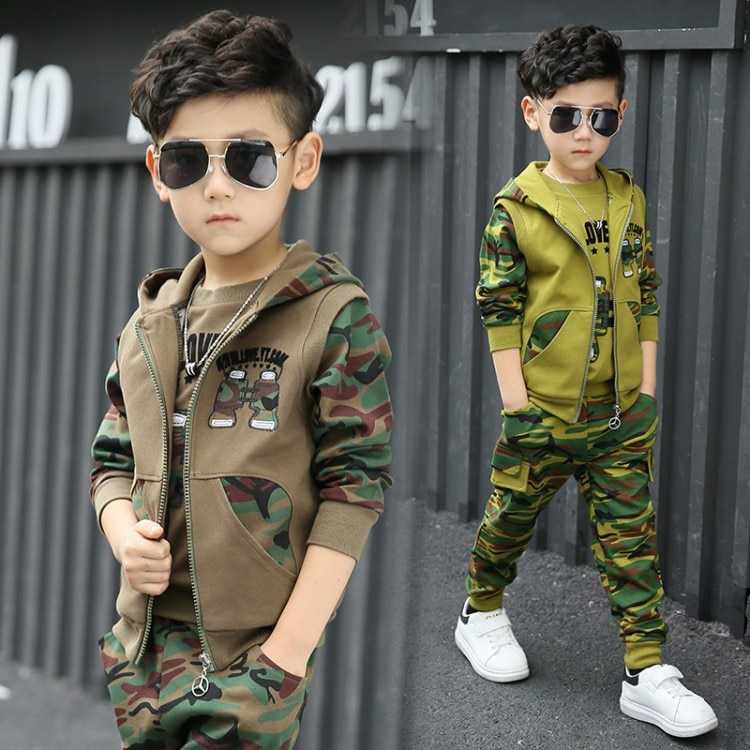 Drenge camouflage tøj sæt 3 stk til store børn hættejakke t-shirt bukse tøj jakkesæt 3 5 6 7 8 9 10 11 år