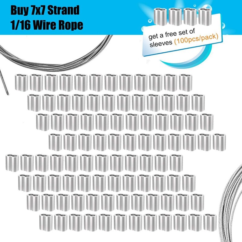 SV-100M Lengte 1/16 Draad Kabel, 7X7 Strand Core, 368lbs/167Kg Breeksterkte Met 100 Pcs Krimpen Klemmen Loop Mouw