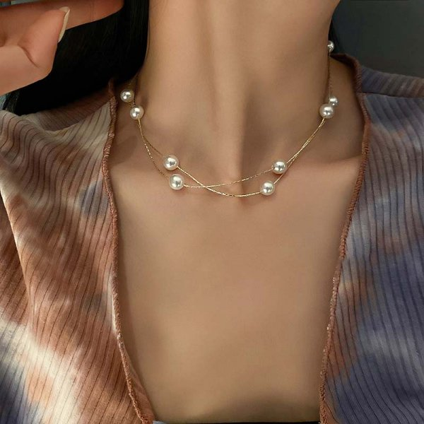 Imitation Pearl Rhinestone Necklace Stainless Steel Extra Long Drawstring Snake Tassel Metal Chain Women's Jewelry: Plating Gun