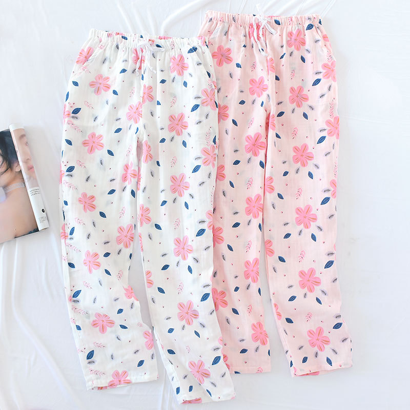 100% de algodón de gasa para mujer, Pantalón de pijama fino, informal, para dormir, tejido Floral de talla grande, para el hogar