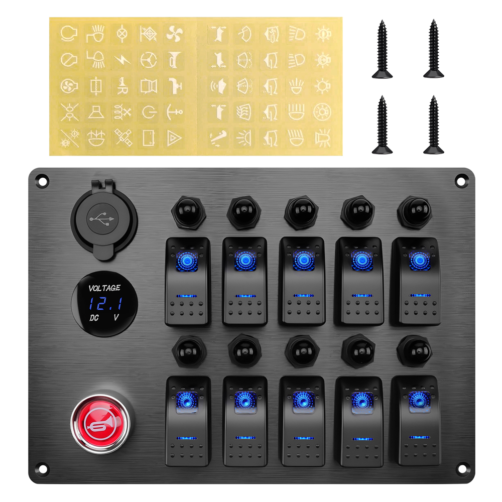 10- gangs bryterpanel vippebryterpanel med 3.1a doble usb-lader + voltmeter for bil, båt, campingvogn: Default Title