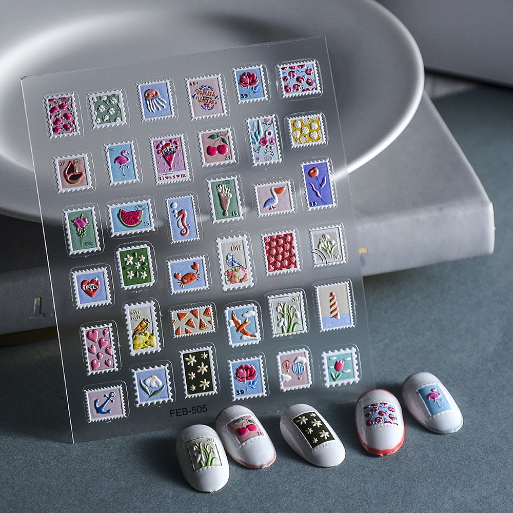 Autocollant pour ongles, de timbres post-poste, curseur adhésif, fournitures de décoration texturées gravées, FEB-505