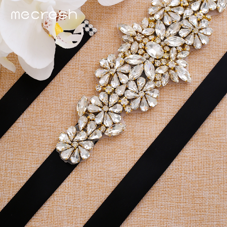 Mecresh-Cinturón de boda con diamantes de imitación para mujer, Color dorado, cinta con flores, hecho a mano, para novia, MYD034