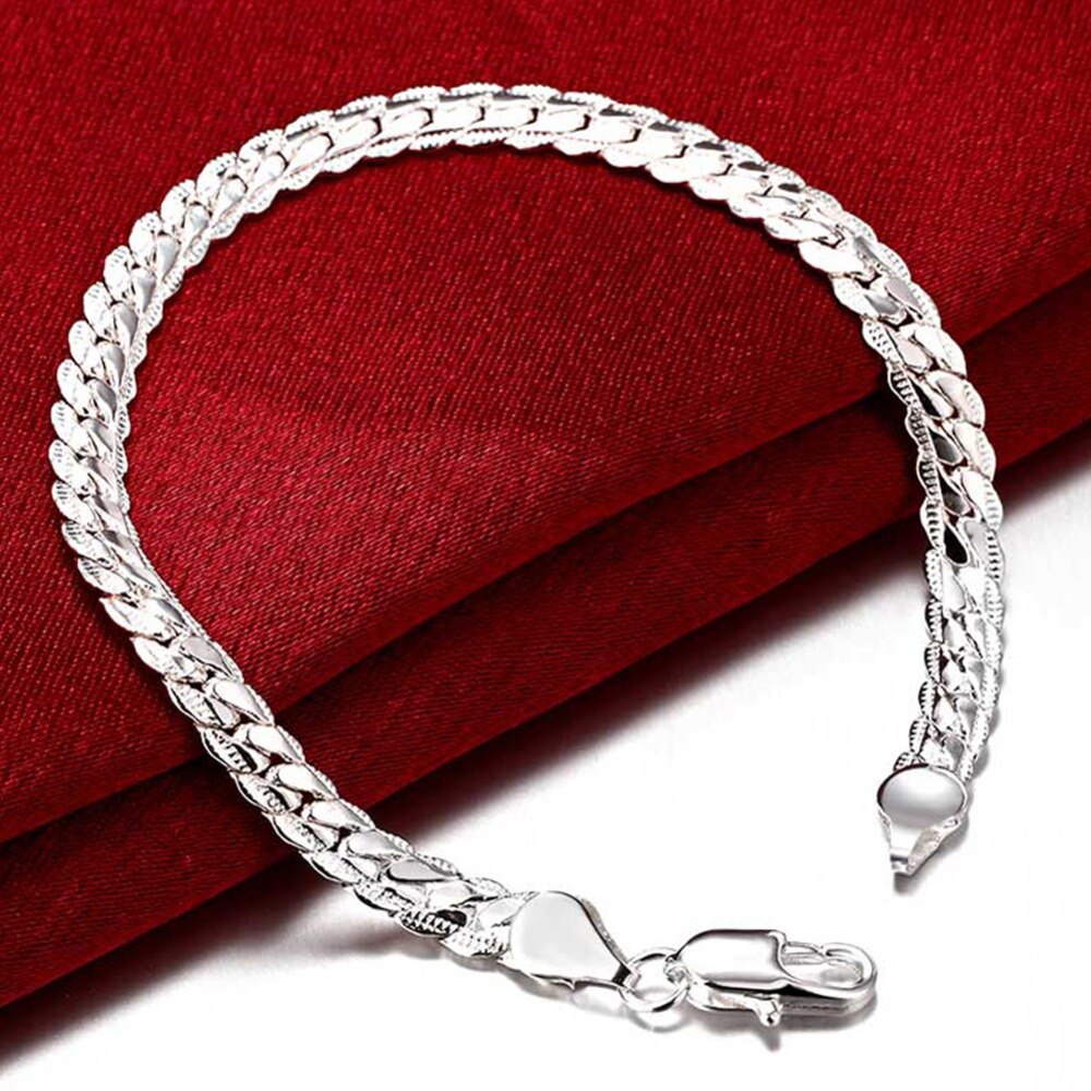 Pulsera lateral de 6MM y 20CM para hombre y mujer, joyería de plata 925, brazaletes para mujer y niña,