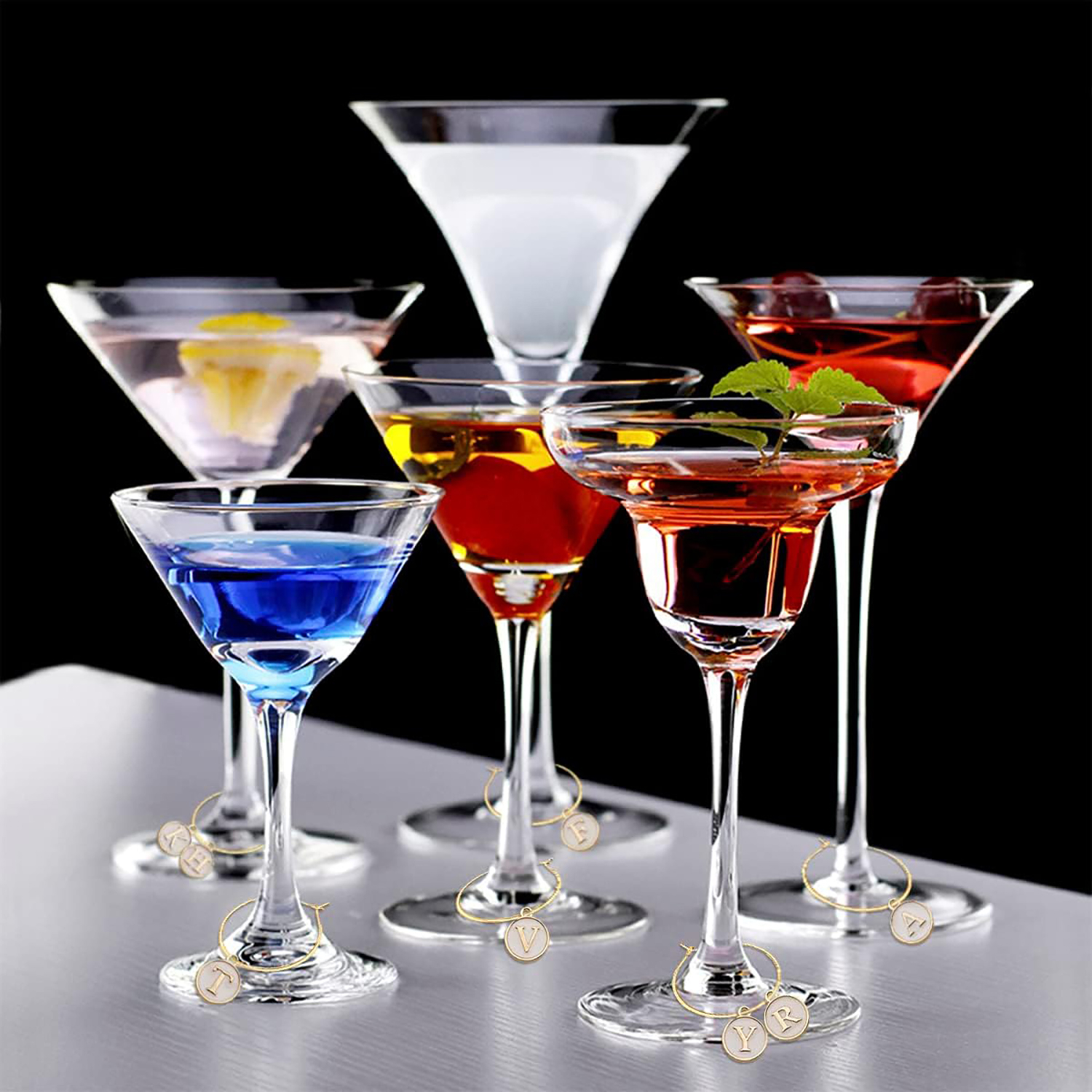 26Pcs Wine Charms for Stem Glasses with Rings Tags Letters Glass Charm Markers Wine Glass Identifier for Party Favors Decoration