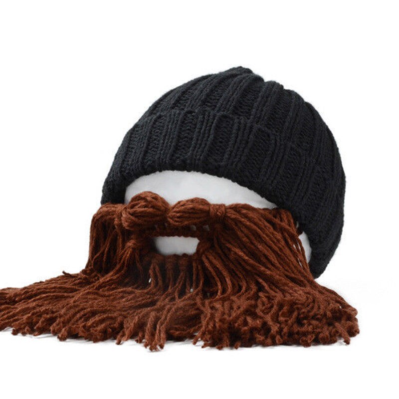 Men Warm Wool Beanie Beard Face Mask Crochet Winter Ski Cosplay Prop Caps Hats, Black