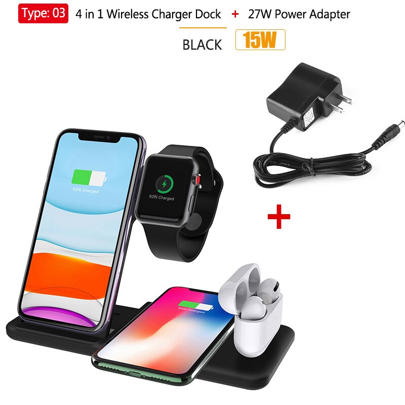 4in1 Qi Wireless Charge Station Foldable Base 15W Fast Wireless Charging for Samsung S20 S10 Huawei Apple iWatch 5 4 3 Airpods 2: T3 15W Black Adapter