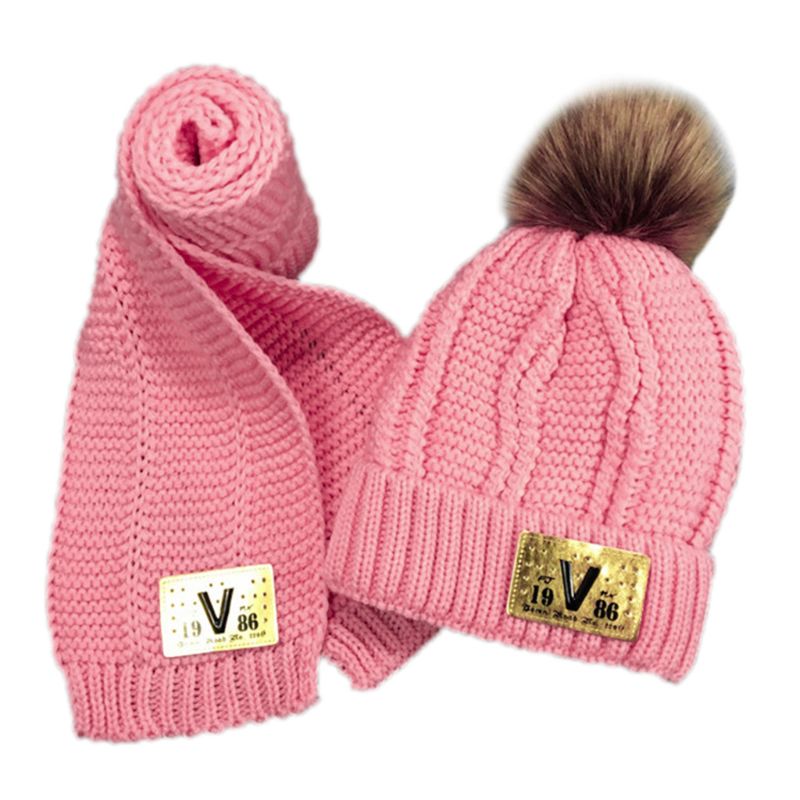 Småbørn børn vinter chunky hæklet pompon varm foring beanie hat langt tørklæde sæt: Lyserød