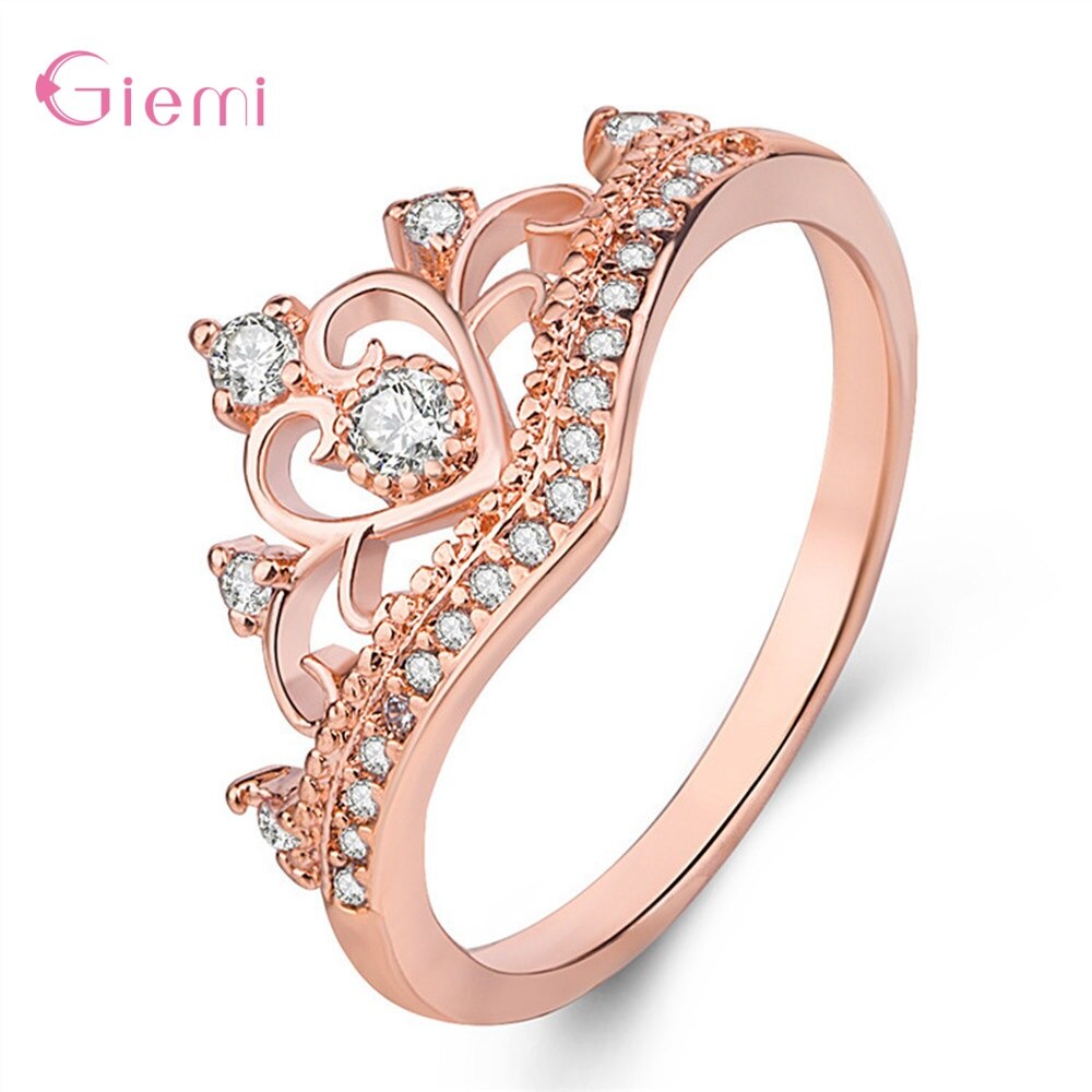 Original 925 Sterling Silver Luxury Princess Crown CZ Crystal Finger Ring For Women Girl Bridal Wedding Statement Jewelry