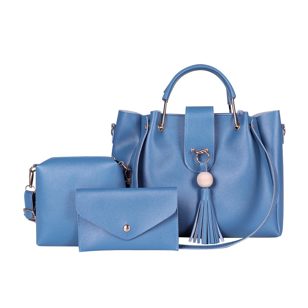 3 teile/satz Reine Farbe Schulter Handtasche Dame Leder Quaste Umhängetasche Tote: Blau