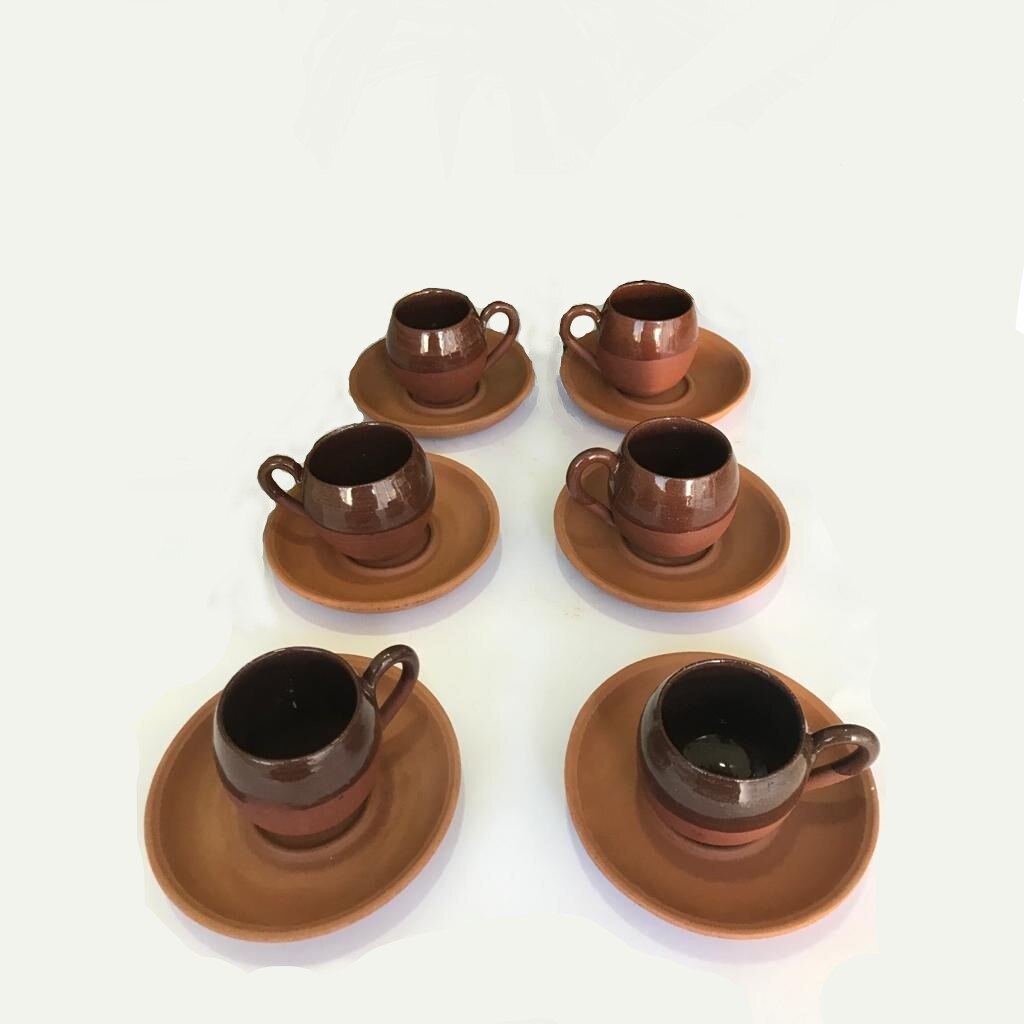Authentic Handmade Pottery Turkish Coffee Cup Coffee Accessories Brown Traditional Anatolian Coffee Mug Special: 6 pcs set
