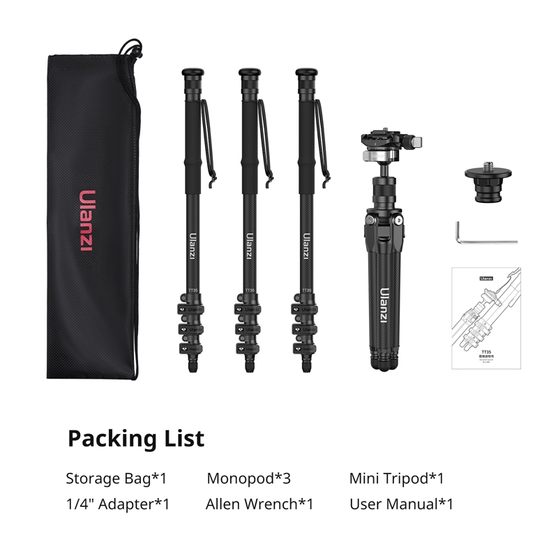 Ulanzi TT35 Hiking Stick Tripod Kit Trekking Pole Monopod Selfie Stick Mini Tripod for Travel Outdoor Shooting Max Load 5KG