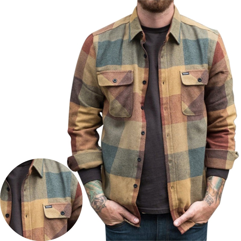 Jacket Men Spring Autumn Men's Plaid Patchwork Japanese Blouse Jacket Long Sleeve Block Pocket Button Male Shirts Blouses Coat