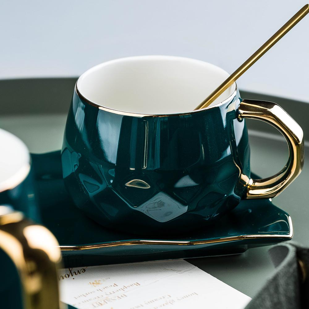Juegos de tazas de café verde, con esterilla y cucharas, tapa de Taza de cerámica, juegos de cubiertos de leche para el desayuno, caja de para cumpleaños de San Valentín