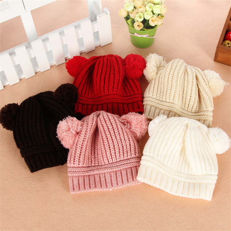 Gorro de punto de lana con dos pompones dobles para niños y niñas de 1 a 3 años, invierno,