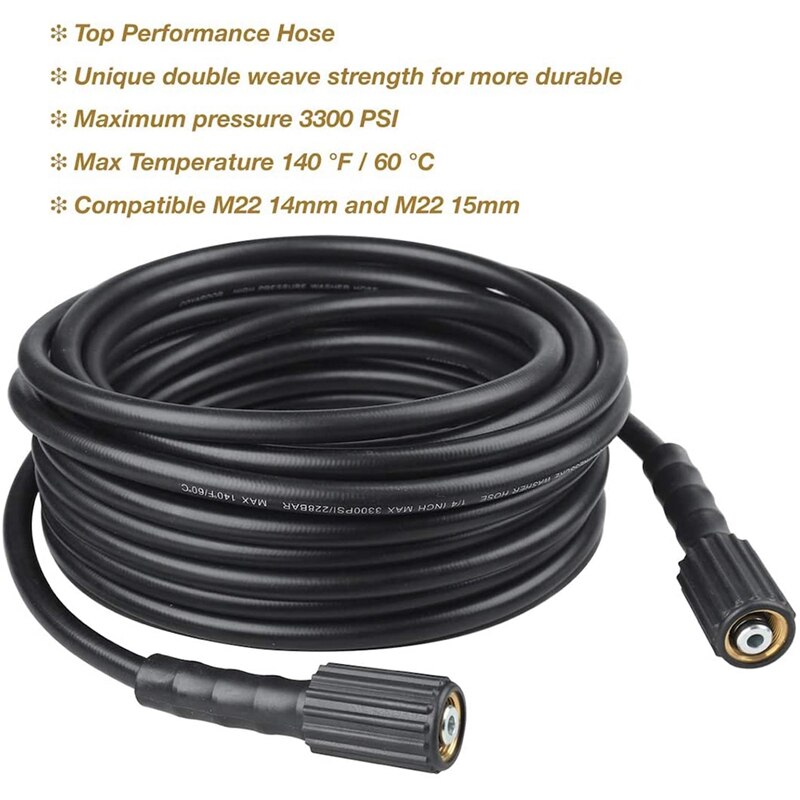 50 FTX 1/4 Inch, High Pressure Washer Hose 3300 PSI, M22 14mm and M22 15mm, Replacement Power Washer Hose