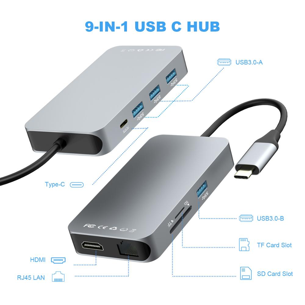 9- i -1 type c til hdmi /rj45/ hdmi 4k usb hub / sd / tf multifunksjons dokkingstasjon til macbook pro samsung  s9 Lyn 3 usb c