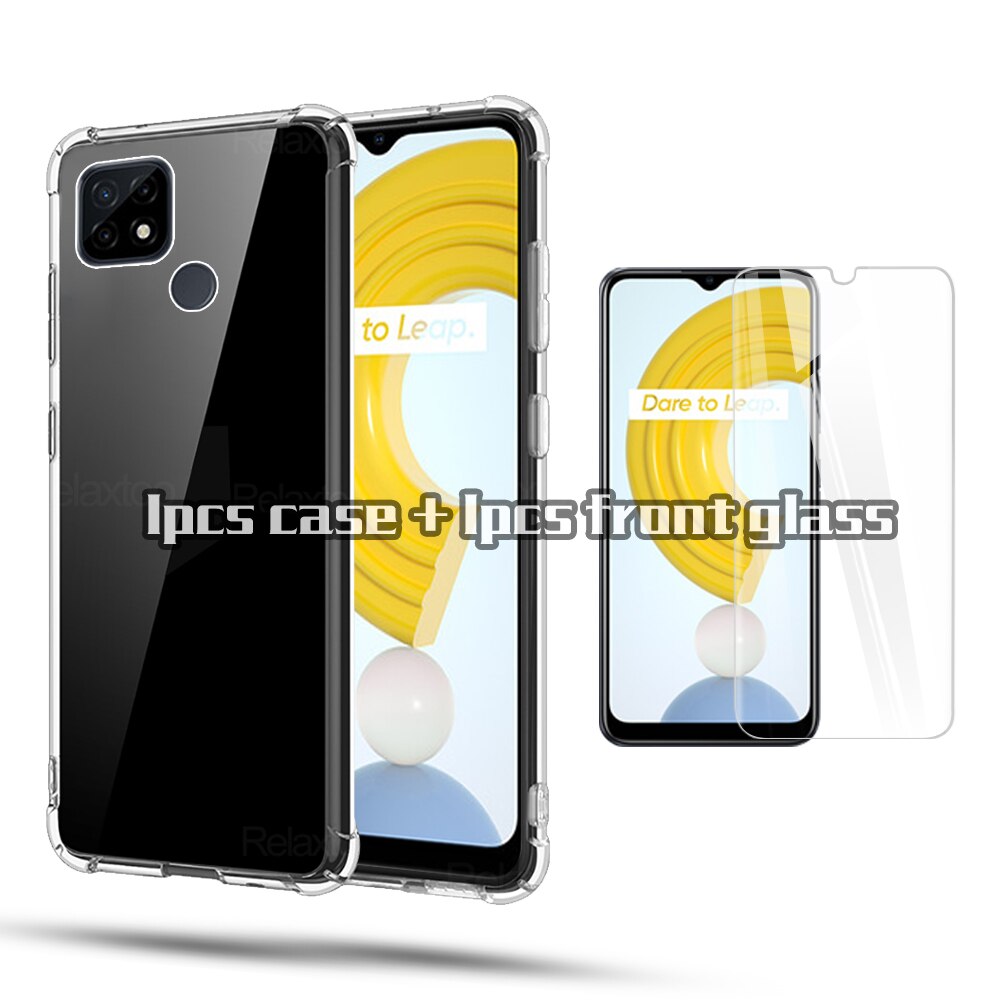 Caso para realme c21 cubierta 3in1 lente de la cámara de vidrio protector para realme c 21 21c realmy c21 transparente funda del teléfono del Silicona coque: for realme c46s / case and front glass