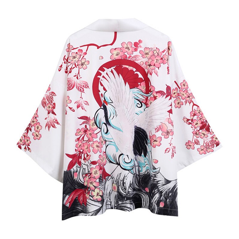 White Black Japanese Traditional Kimono for Man Crane Sakura Print Haori Cardigan Sunscreen Coat Robe Streetwear: White / M