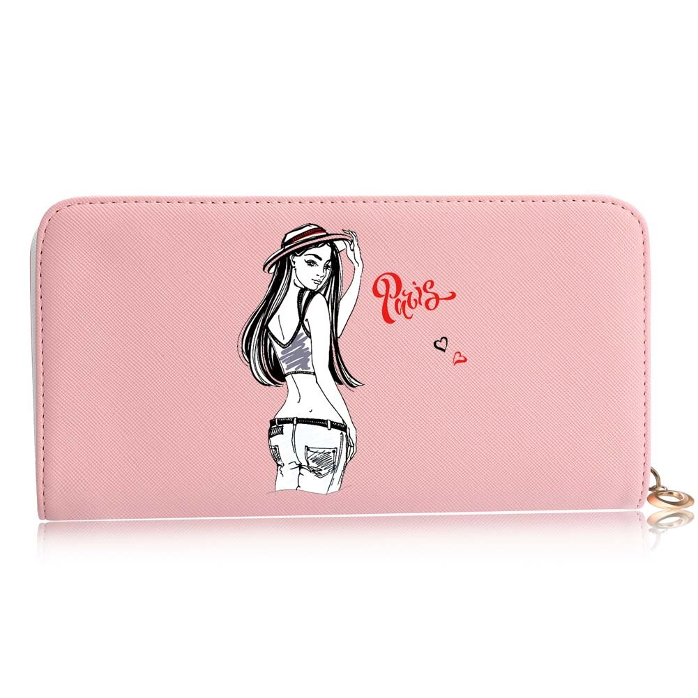 Casual Women Wallets Long Style Cartoon Woman Printing Pattern Female Card Holder Zipper Coin Purses Carteira Feminina: I pink