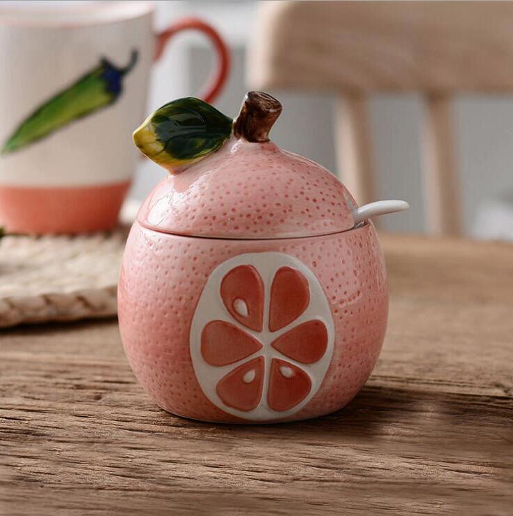 Botella de cerámica creativa para condimentos, tanque de almacenamiento con forma de fruta y melón, suministros de Decoración de cocina y , tazón de azúcar 08143: 7