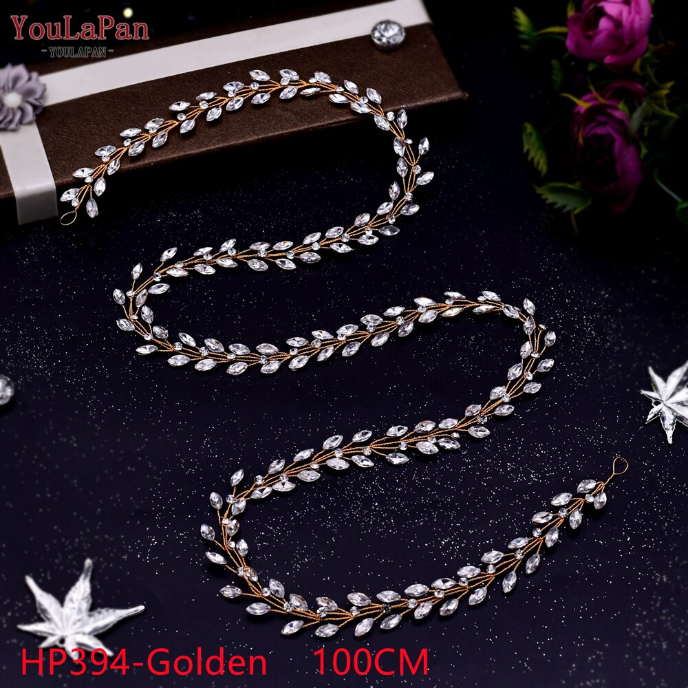 YouLaPan HP233 Wedding Rhinestone Headpieces Bride Hair Accessories Alloy Leaf Wedding Hair Vines Headband Wedding Hair Pieces: HP394-G 100cm