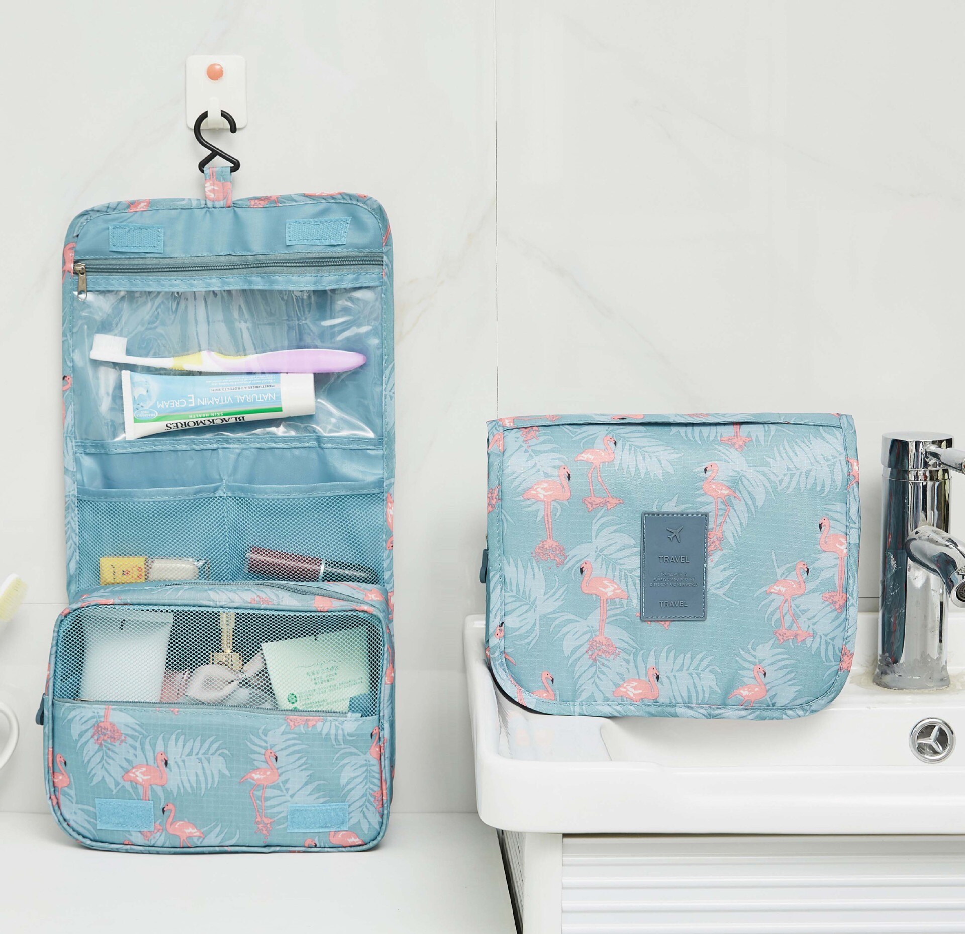 Frauen machen-hoch Taschen Reise Kosmetische Tasche Pflege Organizer Wasserdicht Lagerung Neceser Hängen Schlecht Waschen Tasche: Blau Vogel