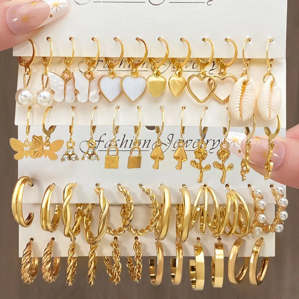 Heart Pearl Dangle Earrings Set Metal Gold Color Butterfly Locks Earrings for Women Shell Trendy Jewelry Hoop Earrings