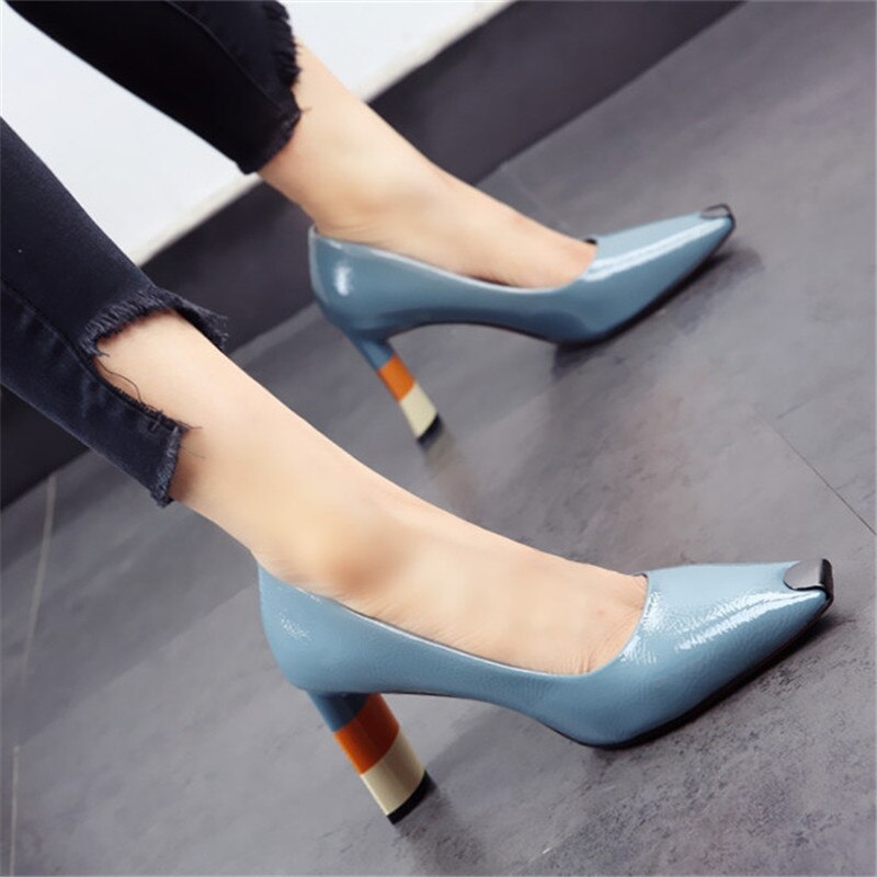 Gekleurde Hak Vrouwen Hoge Hak Schoenen Metalen Vierkante Teen Meisjes Party Bruiloft Schoenen Lente Vrouwen Pompen Hoge Hakken Bruiloft schoenen: Blauw / 37