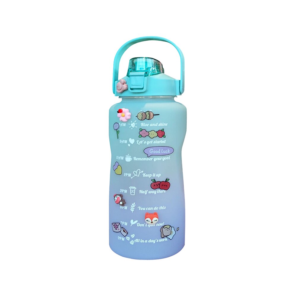 2L Draagbare Grote Capaciteit Waterfles Tijd Marker Lekvrije Bpa Frosted Cup Voor Outdoor Sport Drinken Fles met Stro: green