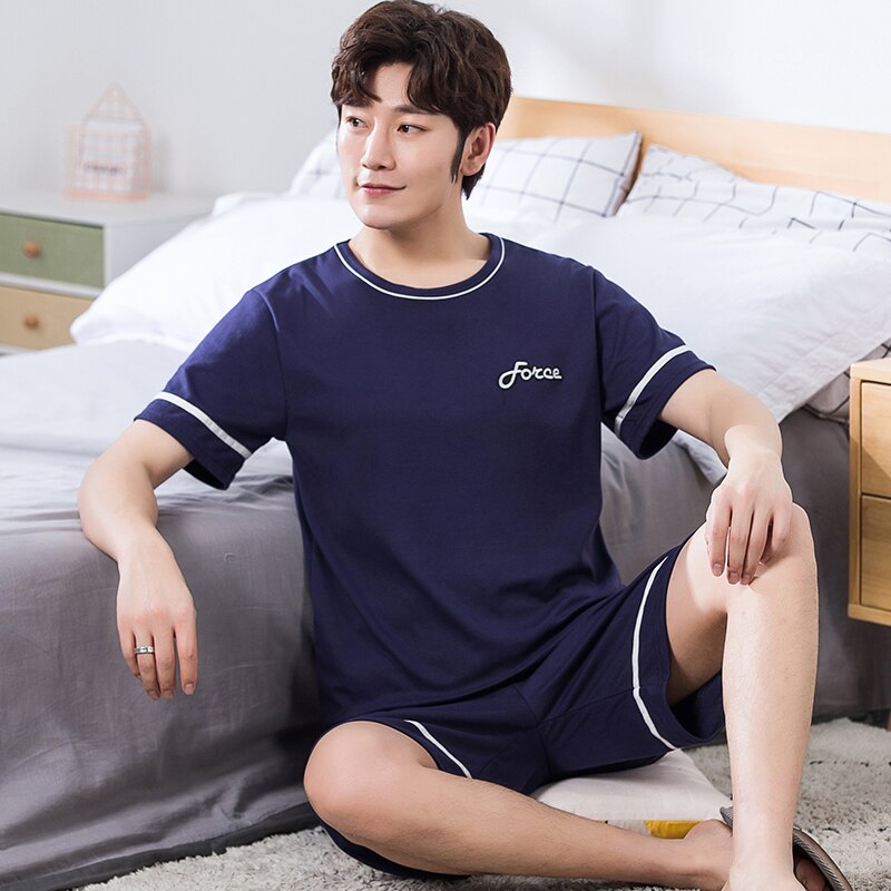 Pyjama Männer 4XL Sommer Dunkelblau Freizeit Zeit verlieren Reine Baumwolle Kurzarm kurze Hose Jugendliche Routine Hause Tragen Einrichtung Dienen