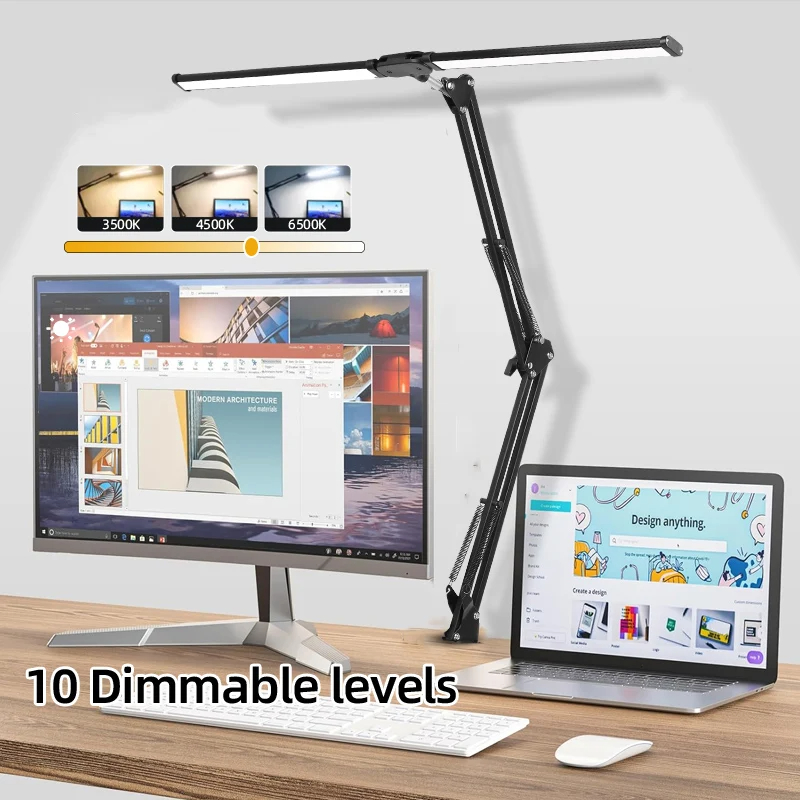 Double Head Desk LED Lamp, Suporte de luz de leitura, Luzes do monitor de tela larga para estudo e escritório USB Stepless, Lâmpada de mesa regulável, 24W