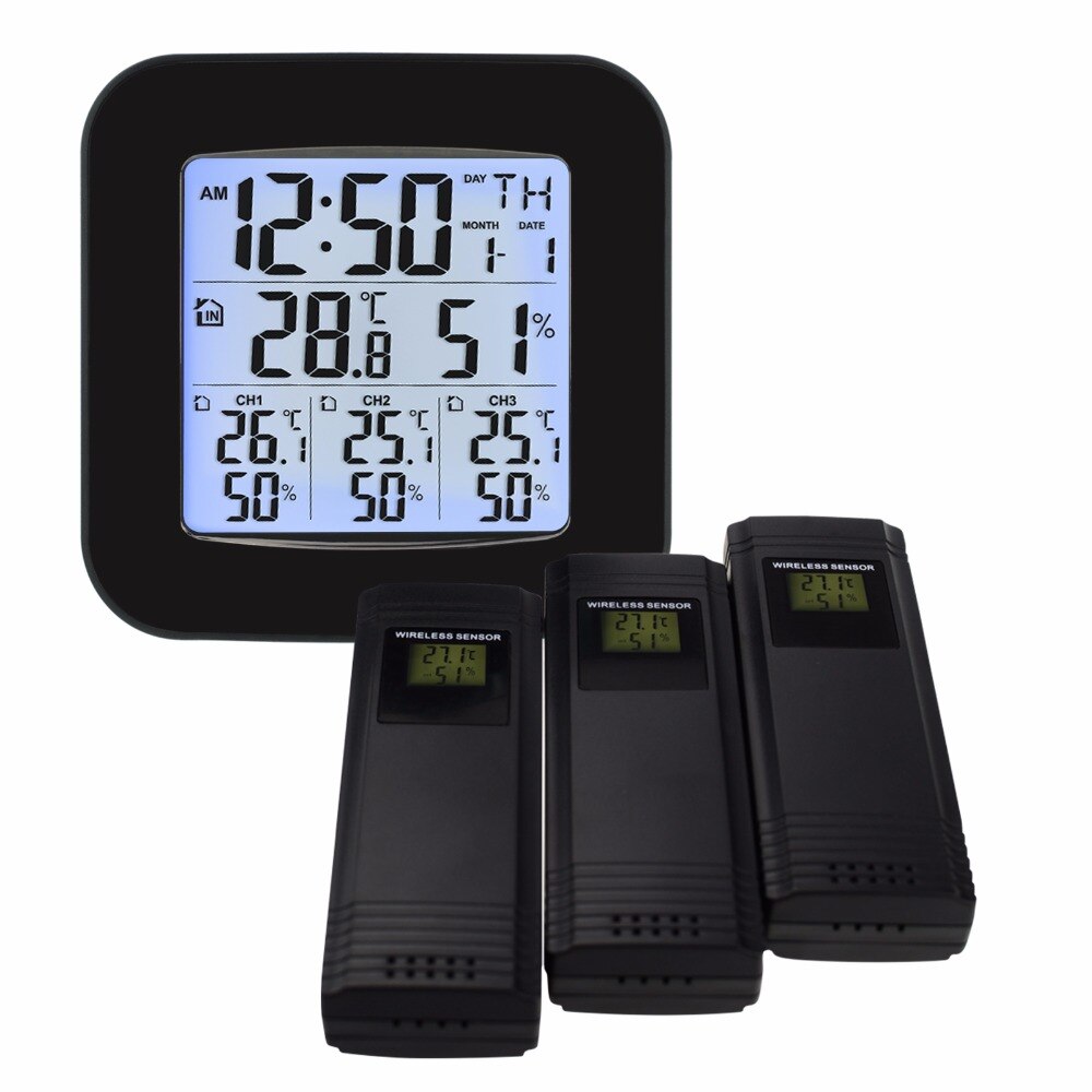 Weather Station Indoor/Outdoor Wireless Sensors Digital Thermometer Hygrometer Black LED LCD Display Temperature Humidity Clock