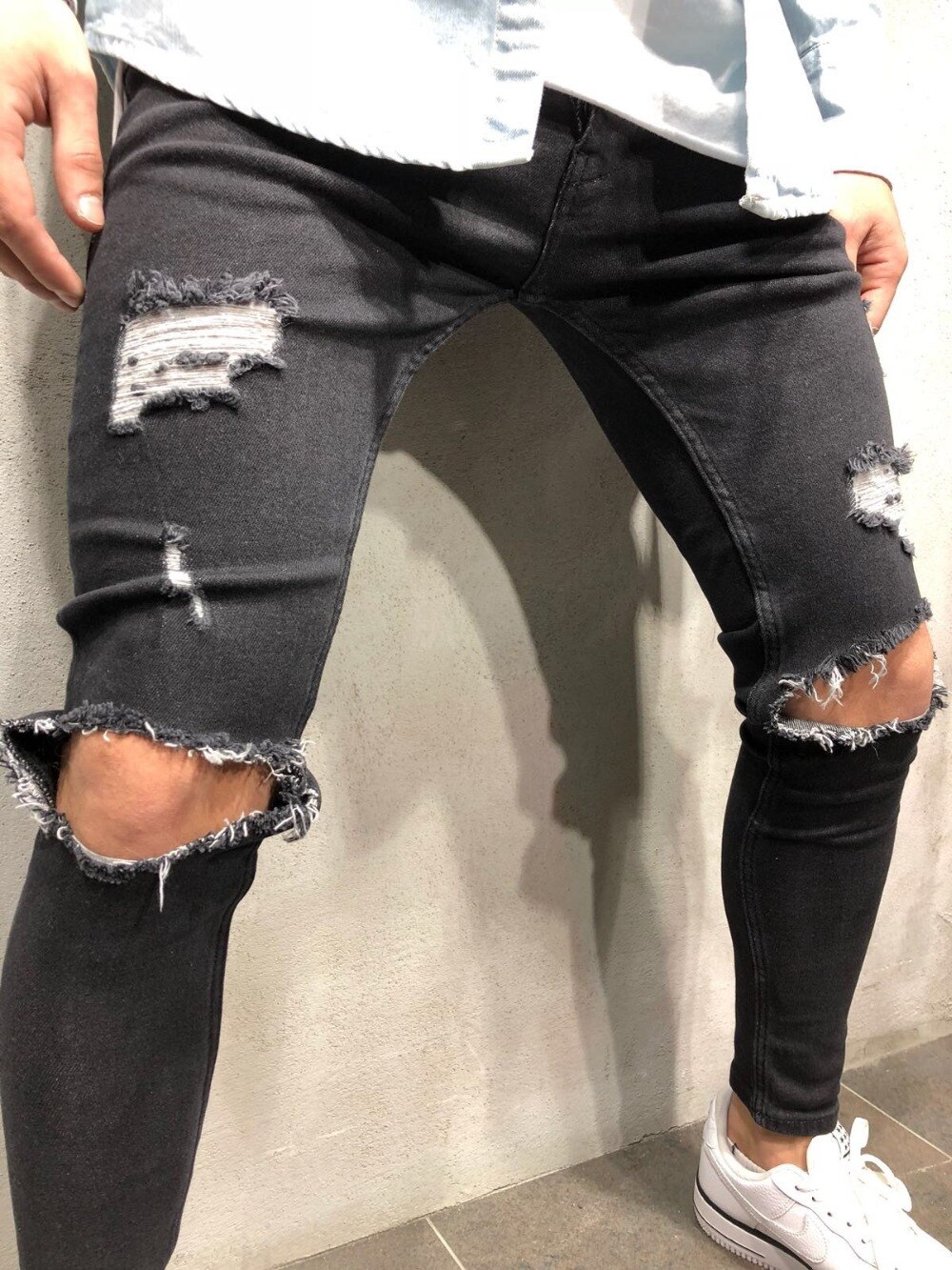 Jean déchiré au genou pour hommes, coupe haute extensible, pantalon de jogging bleu délavé, troué Hip-hop, motard
