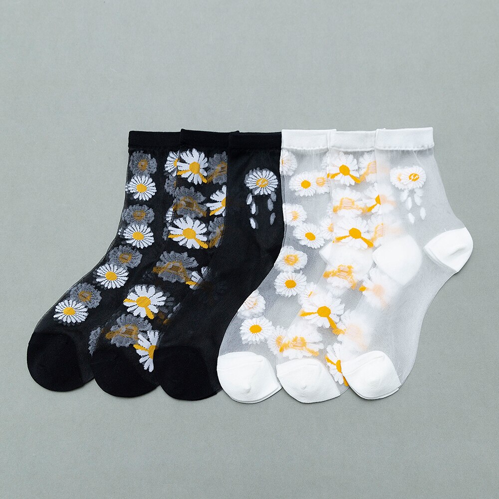 3 paia di calze floreali da donna calze estive in cristallo di cristallo calze elastiche Jacquard trasparenti sottili a tubo corto medio