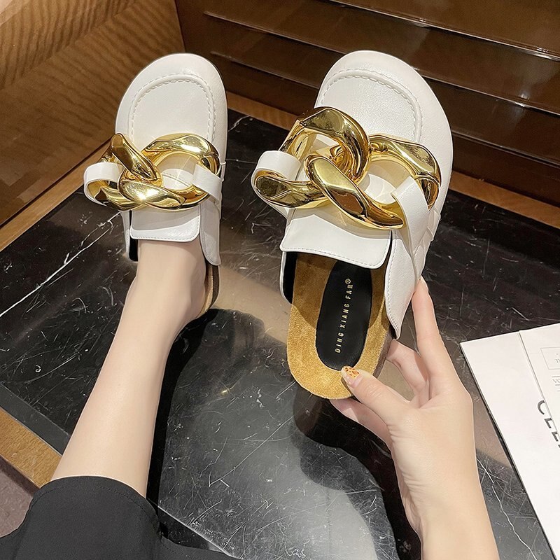 Gold Chain Decor Round Toe Flat Mules Lazy Loafers Shoes Women's Outdoor Cozy Soft PU Leather Casual Slippers Female Shoes