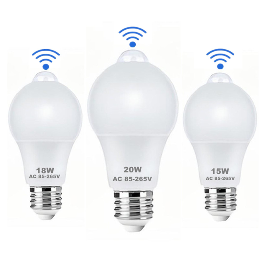 20W 18W 15W 12W 9W Lampada LED E27 bombilla de detección de movimiento 85-265V lámpara inteligente de detección infrarroja que funciona en la noche AC 220V