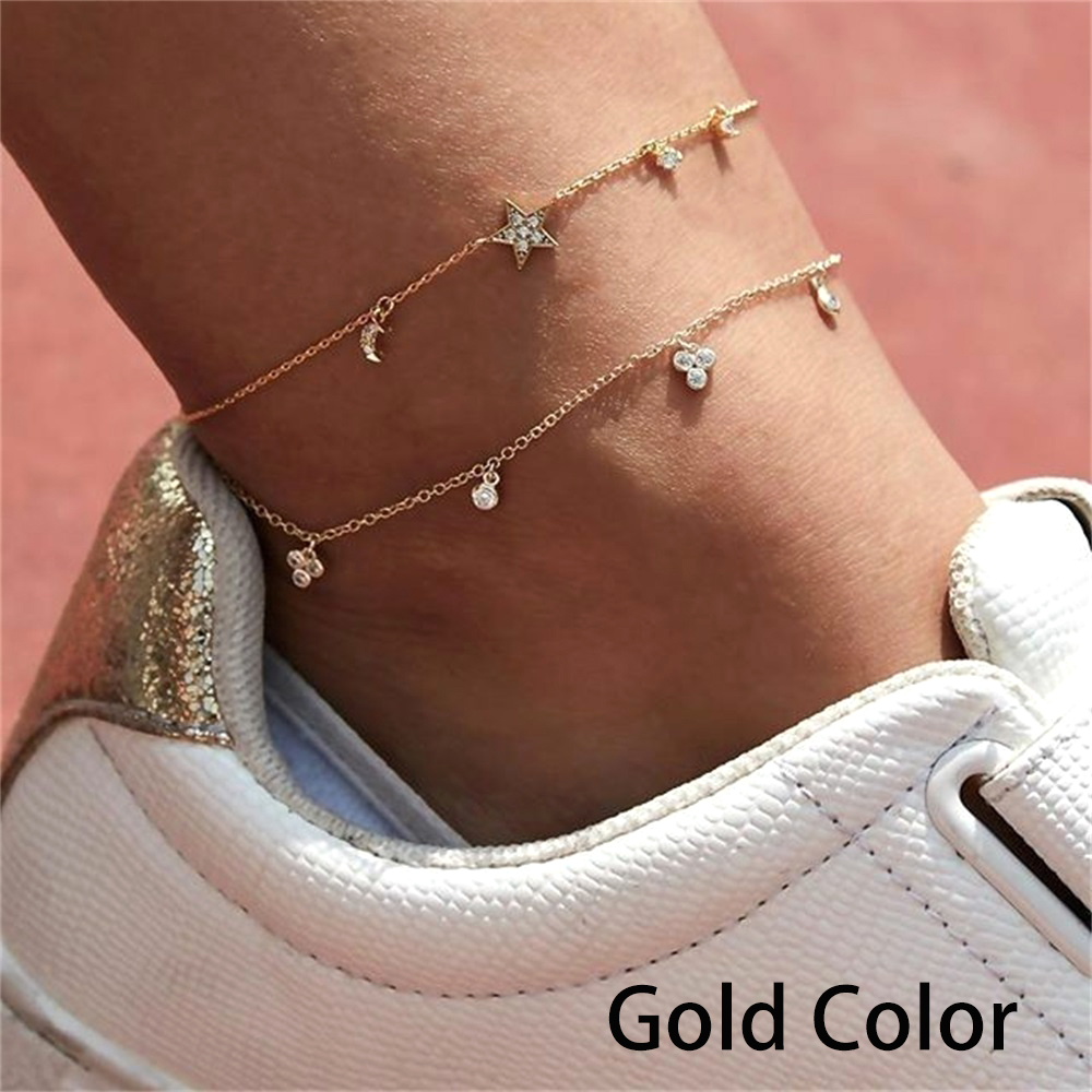 FNIO-Conjunto de tobilleras con dijes bohemios para mujer, pulsera de tobillo con luna y estrella en la pierna, cadena de pie, joyería de playa femenina: Chapado en zinc blanco y azul