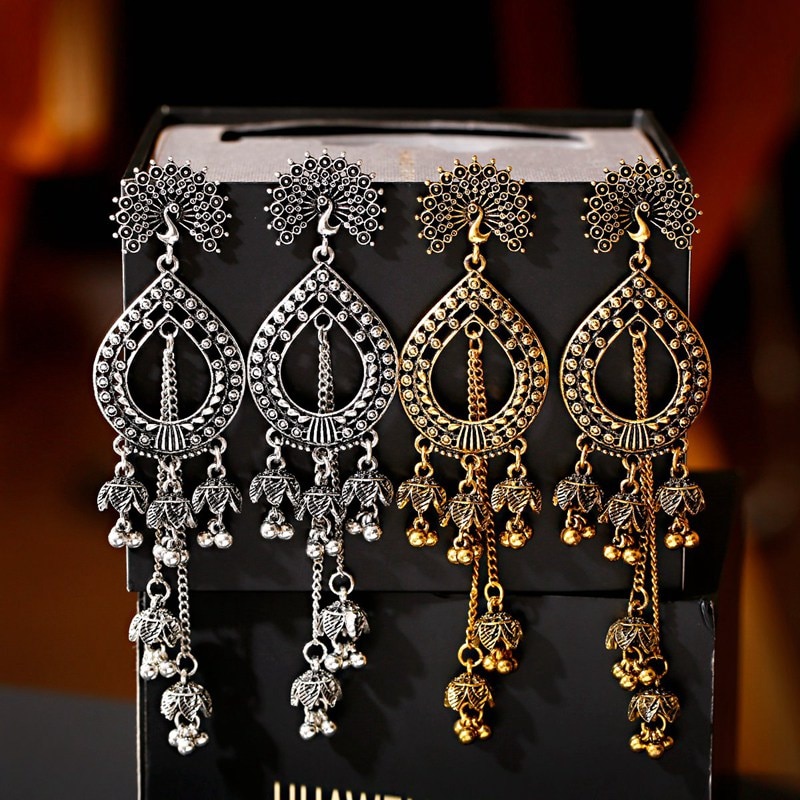 Vintage Indian Bollywood Kundan Peacock Carved Jhumka Jhumki Water Earrings Women Boho Ethnic Long Tassel Earring Jewelry