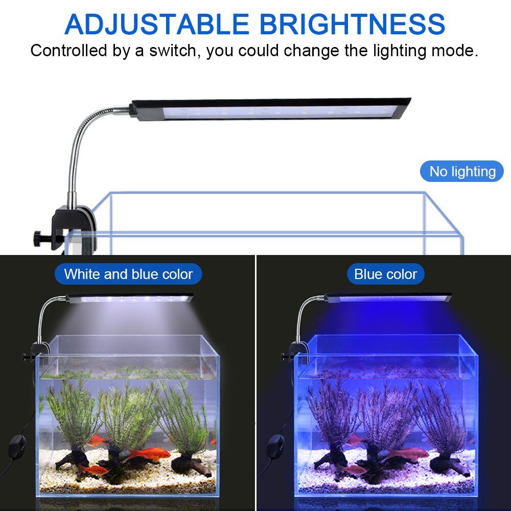 Dc 12V Led Aquarium Licht Aquarium Lamp Met Flexibele Klem Wit En Blauw Kleur Vissenkom Verlichting Ac 100 ~ 240V