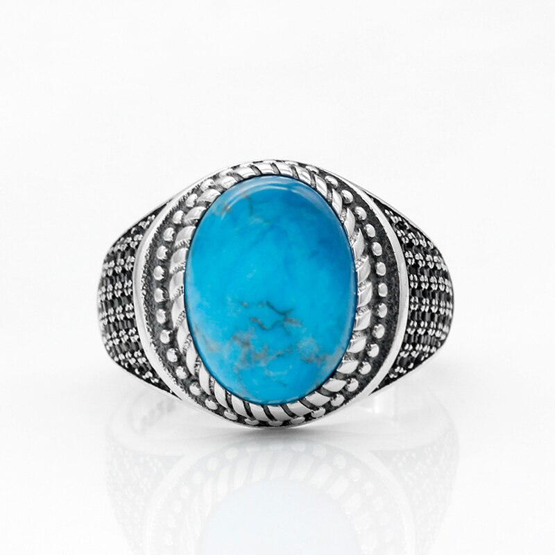 Echt 925 Sterling Zilveren Mannen Ring Met Blauwe Natuurlijke Turquoise &amp; Black Cz Steen Vintage Thai Zilveren Ring Voor Mannelijke turkse Sieraden