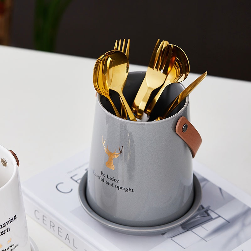 Ceramic Kitchen Cutlery Storage Tube with Drainer and Handle Gadget Tools Organizer Box Accessories Utensil Conatiner Holder Jar