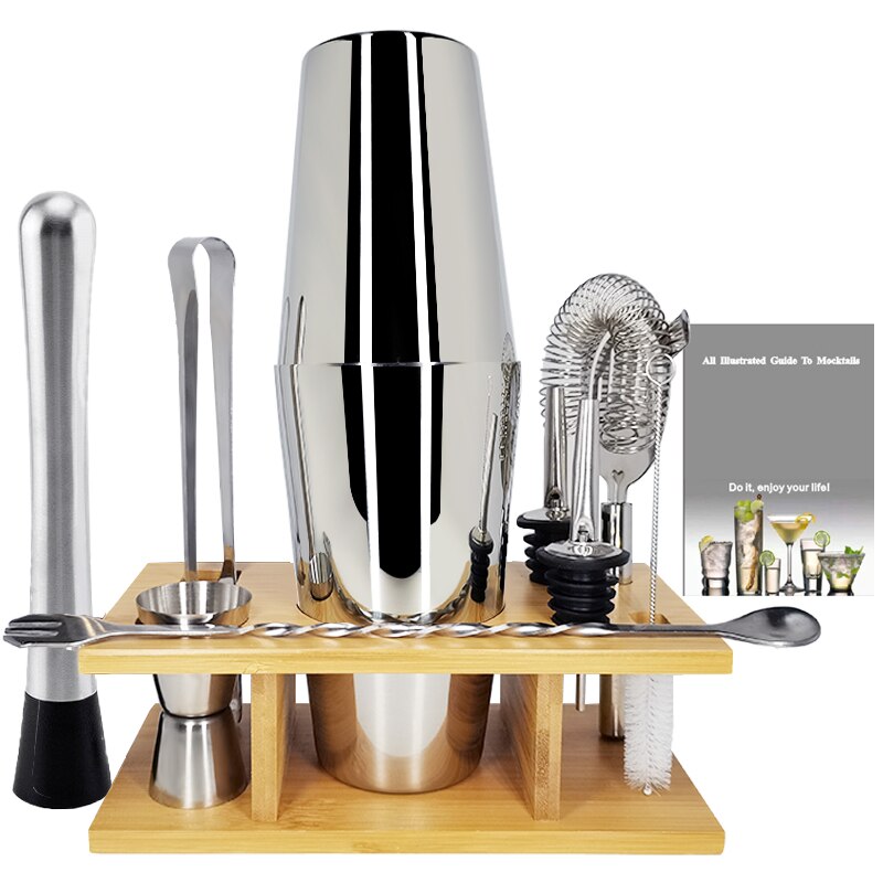 9 Bar Set, Stainless Steel Cocktail Shaker Bar Tools with Stylish Wood Stand