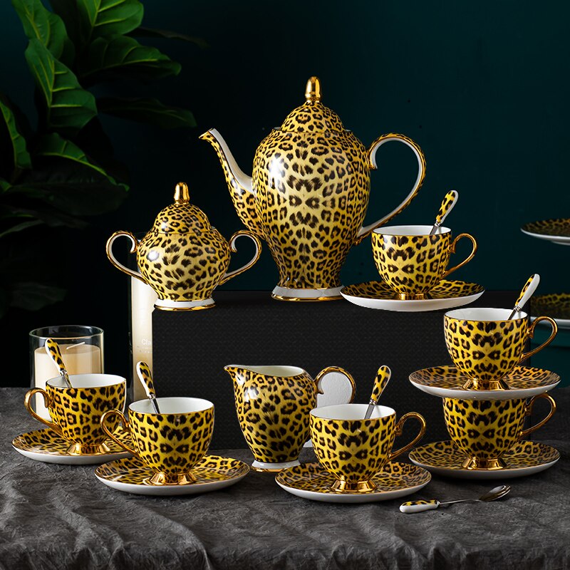 Leopard Print Coffee Set Bone China Coffeecup Saucer Creamer Sugar Jar Mugs Fruit Plate Ashtray Afternoon Tea Set For Home Kitch