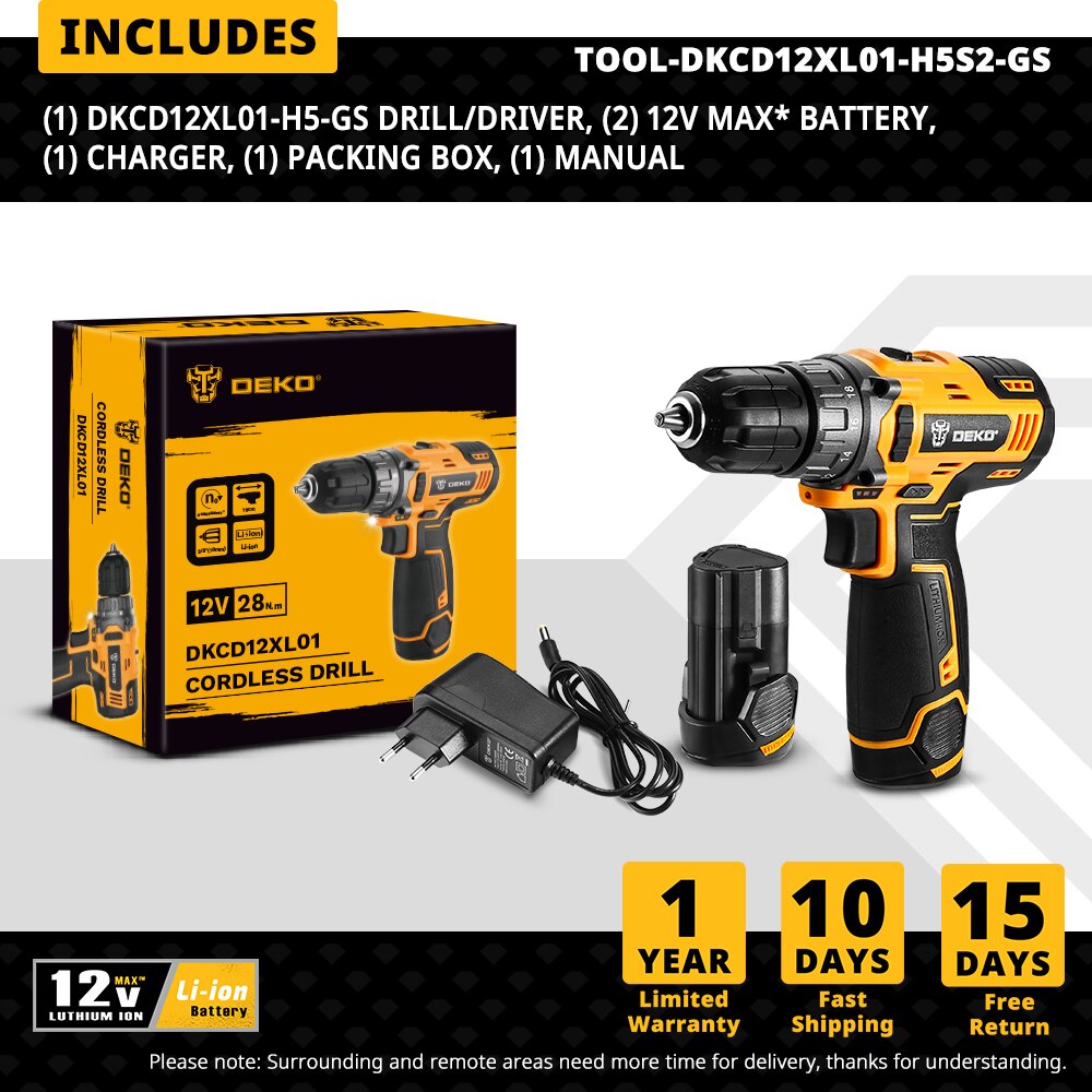 DEKO-taladro con batería de iones de litio, 12V, 1.5AH, DKCD12XL01, 18 + 1 ajustes,: DKCD12XL01-H5S2