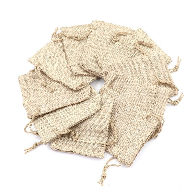 10pcs Small Burlap Jute Sack Linen Pouch Bag Drawstring Wedding Supplies