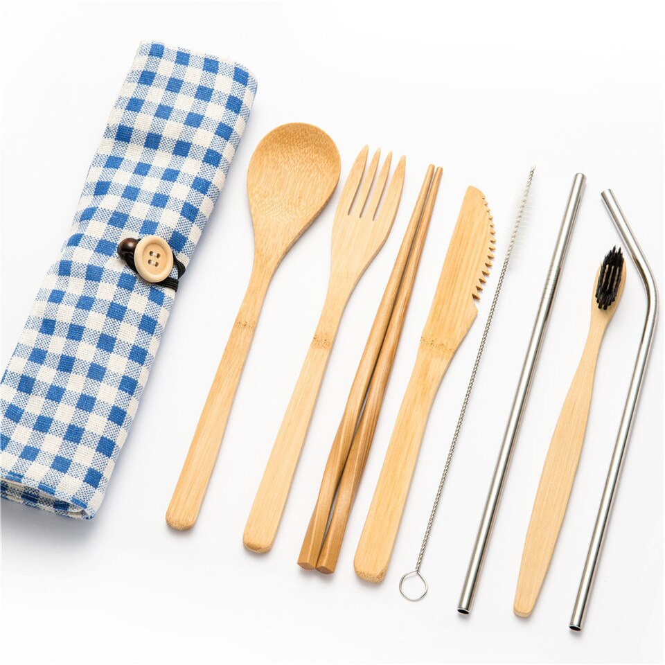 Hout Bestek Servies Vork Lepel Mes Tandenborstel Eetstokjes met Bestek Zak Draagbare Bestek Reizen Bestek Set