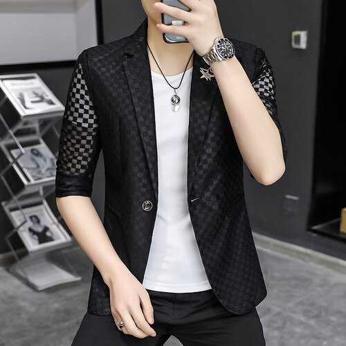 Summer Hollow Out Men Blazers Half Sleeve Slim Casual Suit Jacket Thin Sunscreen Business Street Wear Social Jacket Men Clothing: black / Asian size M