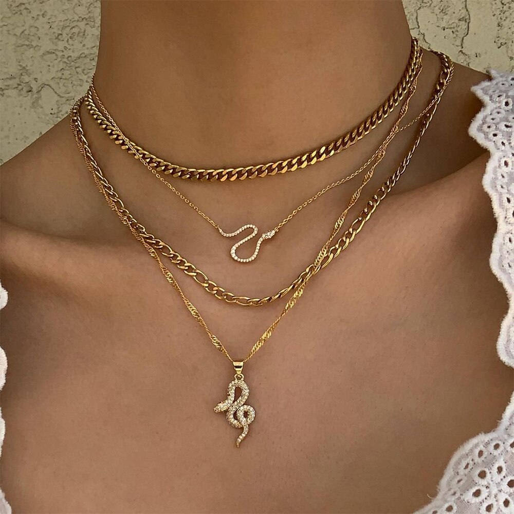 Bohemian Multilayer Chain Crystal Snake Pendant Necklace for Women Vintage Geometric Thick Chain Collar Necklace Punk Jewelry: IPA1428