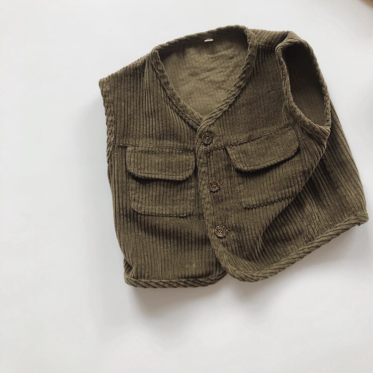 Crianças colete para menina japonês listrado veludo bolso sem mangas meninos e meninas veludo coletes de bebê: Army green / Size 80
